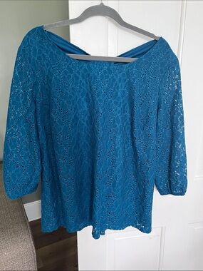 Sara Michele 1X Knit Lace Top 3/4 Sleeves Back Cutout Design Blue